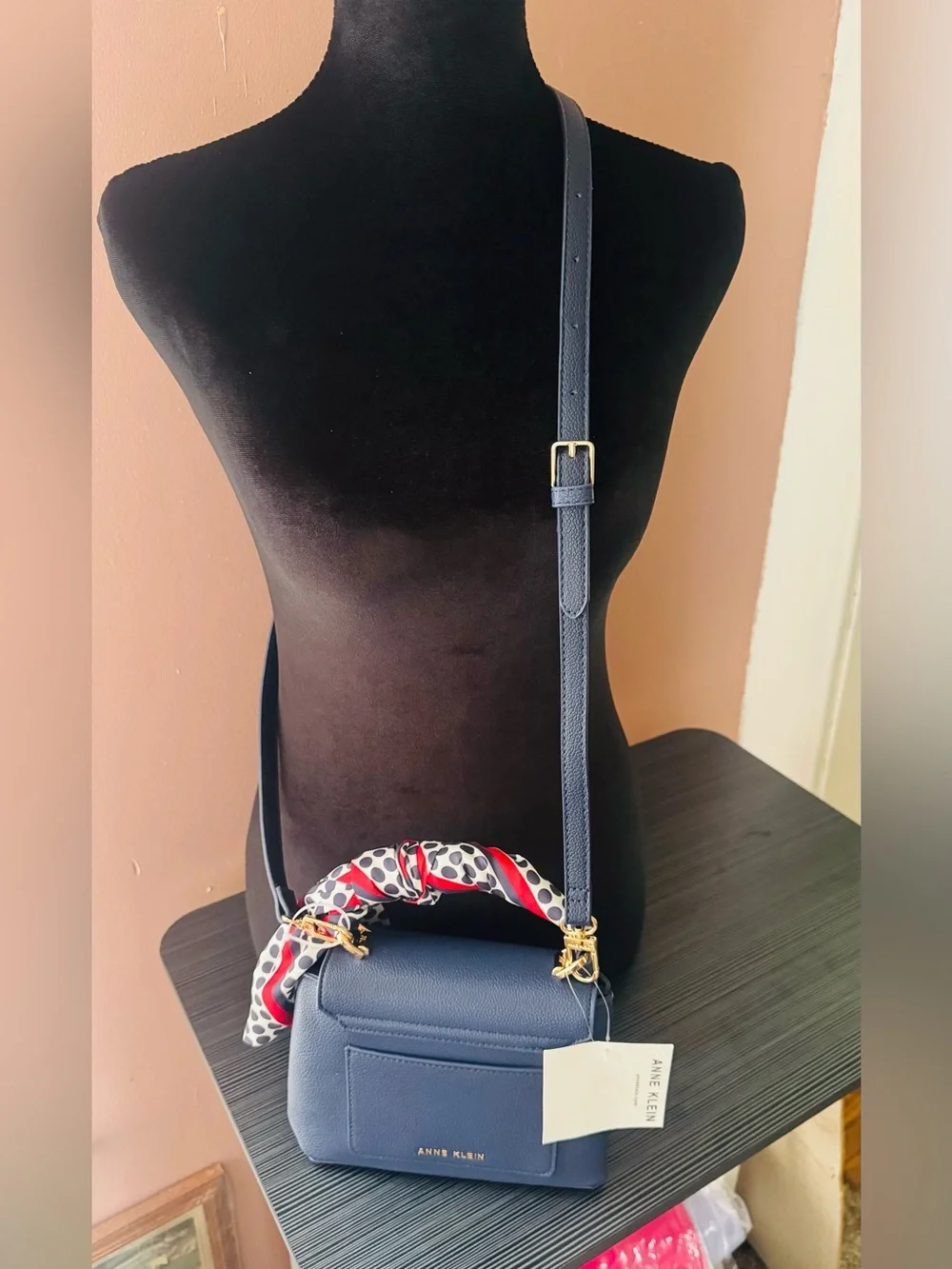 Anne Klein textured navy blue top-handle satchel bag